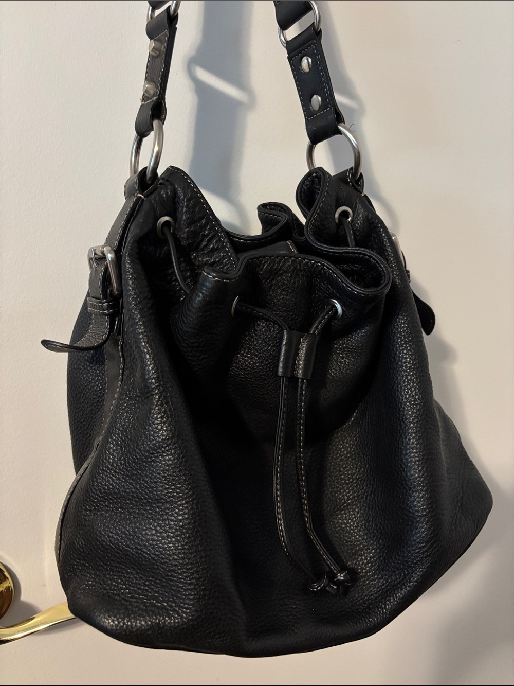 Danier Black Leather Drawstring Shoulder Bag